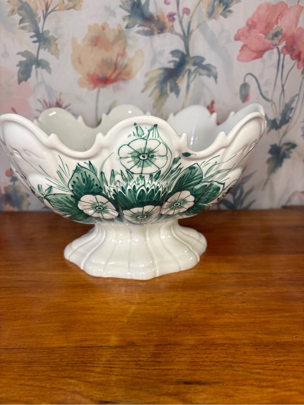 Vintage Green Floral Ceramic Pedestal Bowl - Home Art